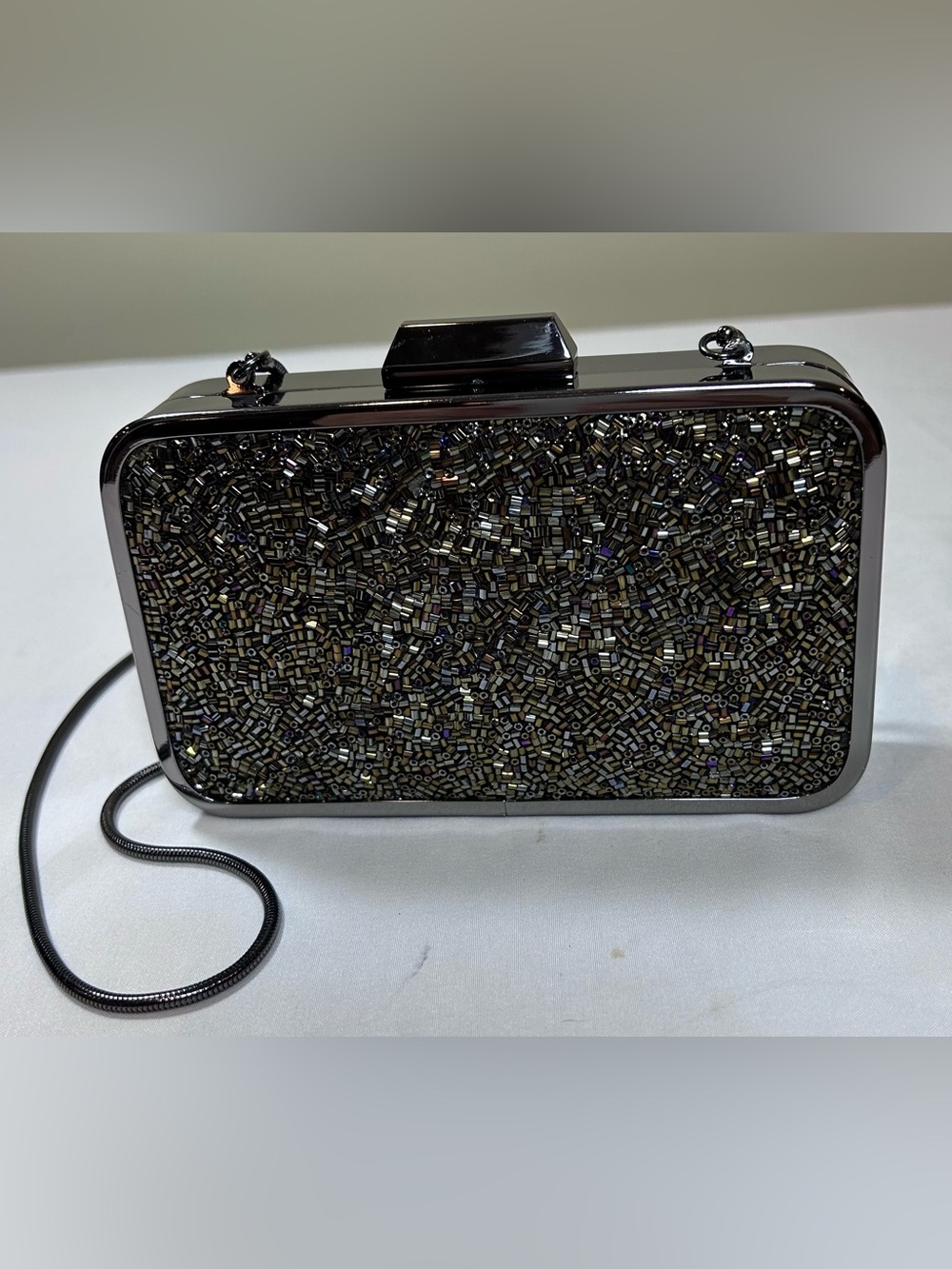 Mango Metallic  Elegant Black Beaded Evening Clutch EUC